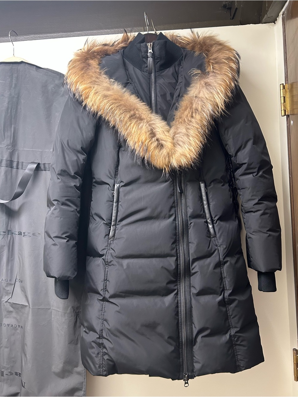 Mackage Classic Kay Black Down Parka Fur Hood Leather Trim S